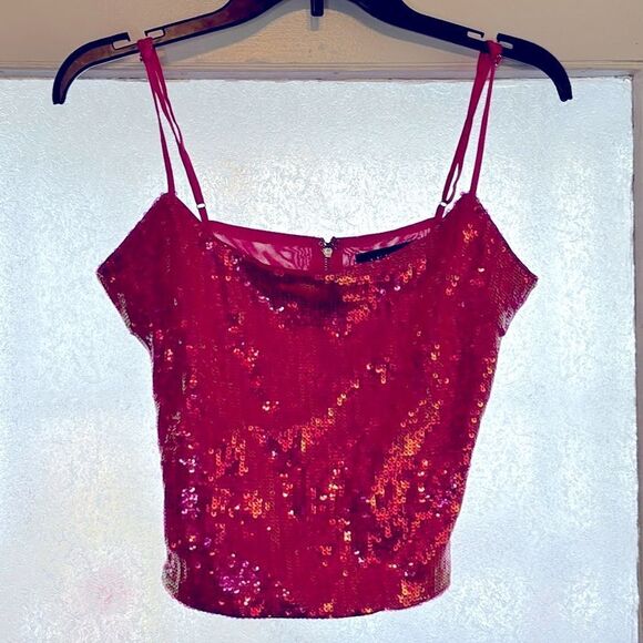 Akira Women’s Hot Pink Sequined Spaghetti Strap Tank Top Size Large - Picture 1 of 5
